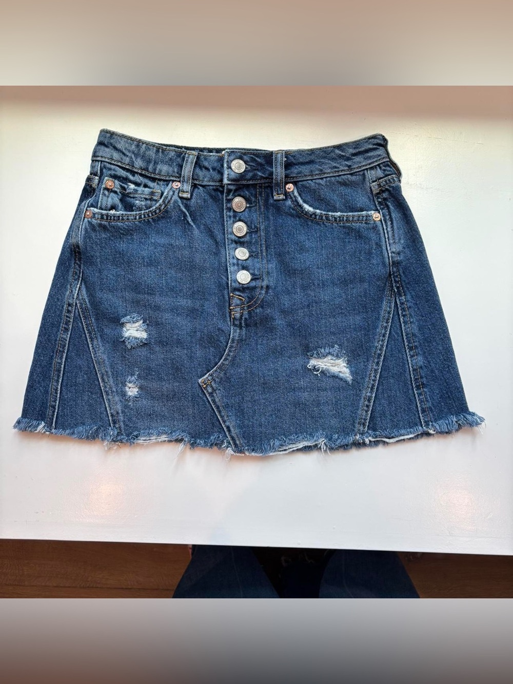 We The Free Distressed Button-Front Denim Mini Skirt - Blue
